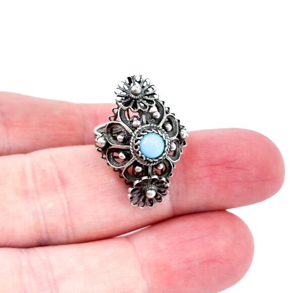 Vintage Sterling Silver 925 Filigree Persian Turquoise Ring Size 6 - Picture 1 of 8